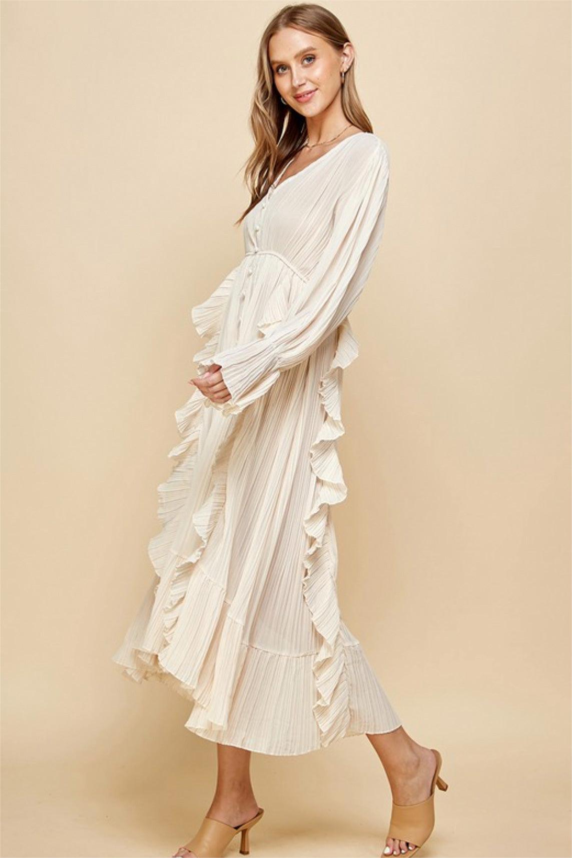 Ruched Single Breasted Ruffle Midi Dress
