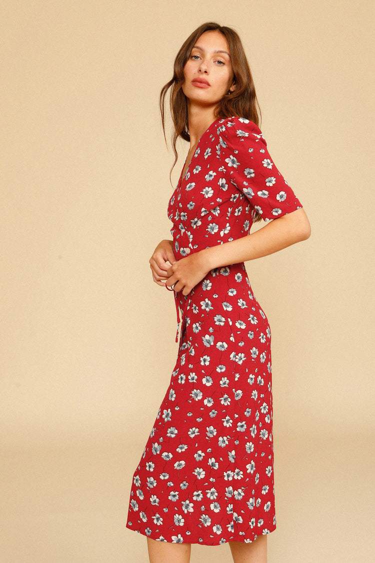 V-neck Mid Sleeve Midi Dress
