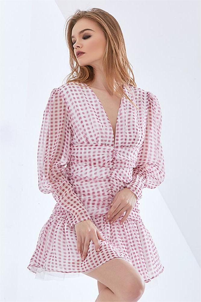 Checks V-neck Ruffle Lantern Sleeve Mini Dress