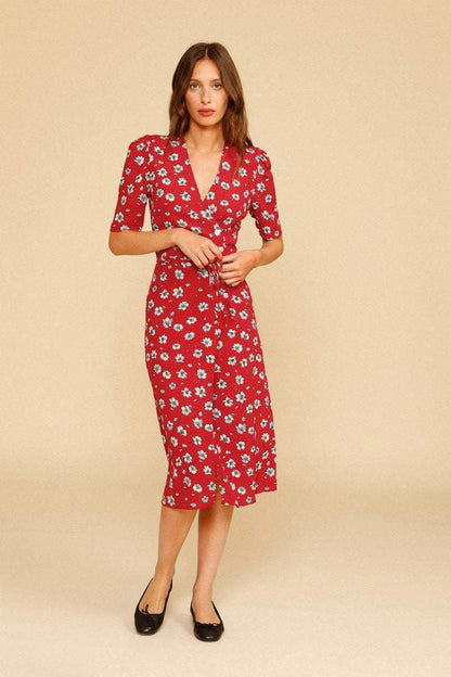 V-neck Mid Sleeve Midi Dress