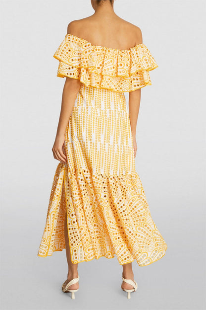 Embroidered Off-shoulder Smocking Midi Dress