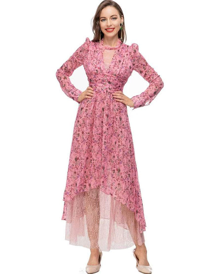 Long Round Collar Lace Waist Midi Dress