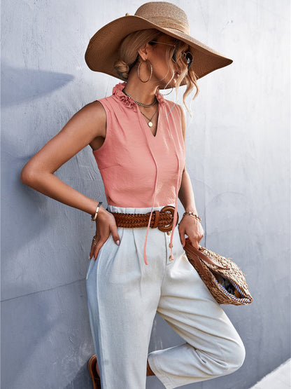Ruffle V-neck Tie Sleeveless T-shirt Top