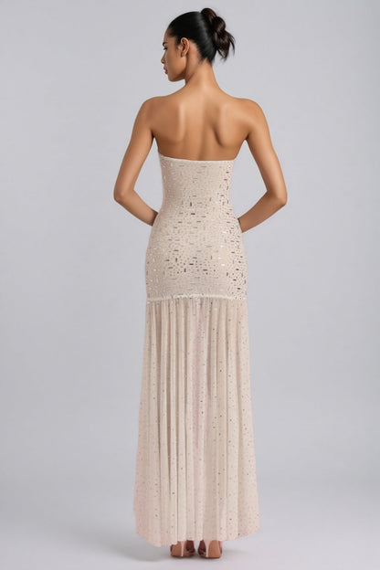 Vereny Semi-sheer Embellished Asymmetric Maxi Dress