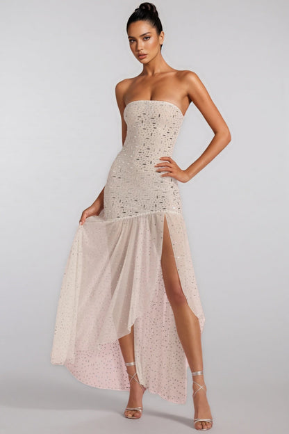 Vereny Semi-sheer Embellished Asymmetric Maxi Dress
