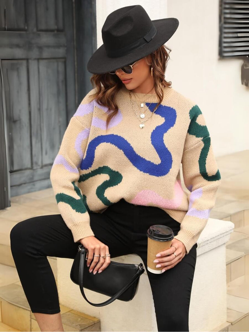 Snle Up Textured Swirl Knit Sweater - Khaki