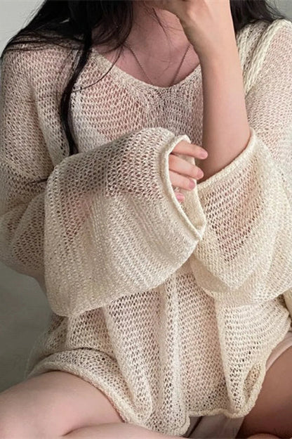 Knitted Openwork Loose Long Sleeve Blouse
