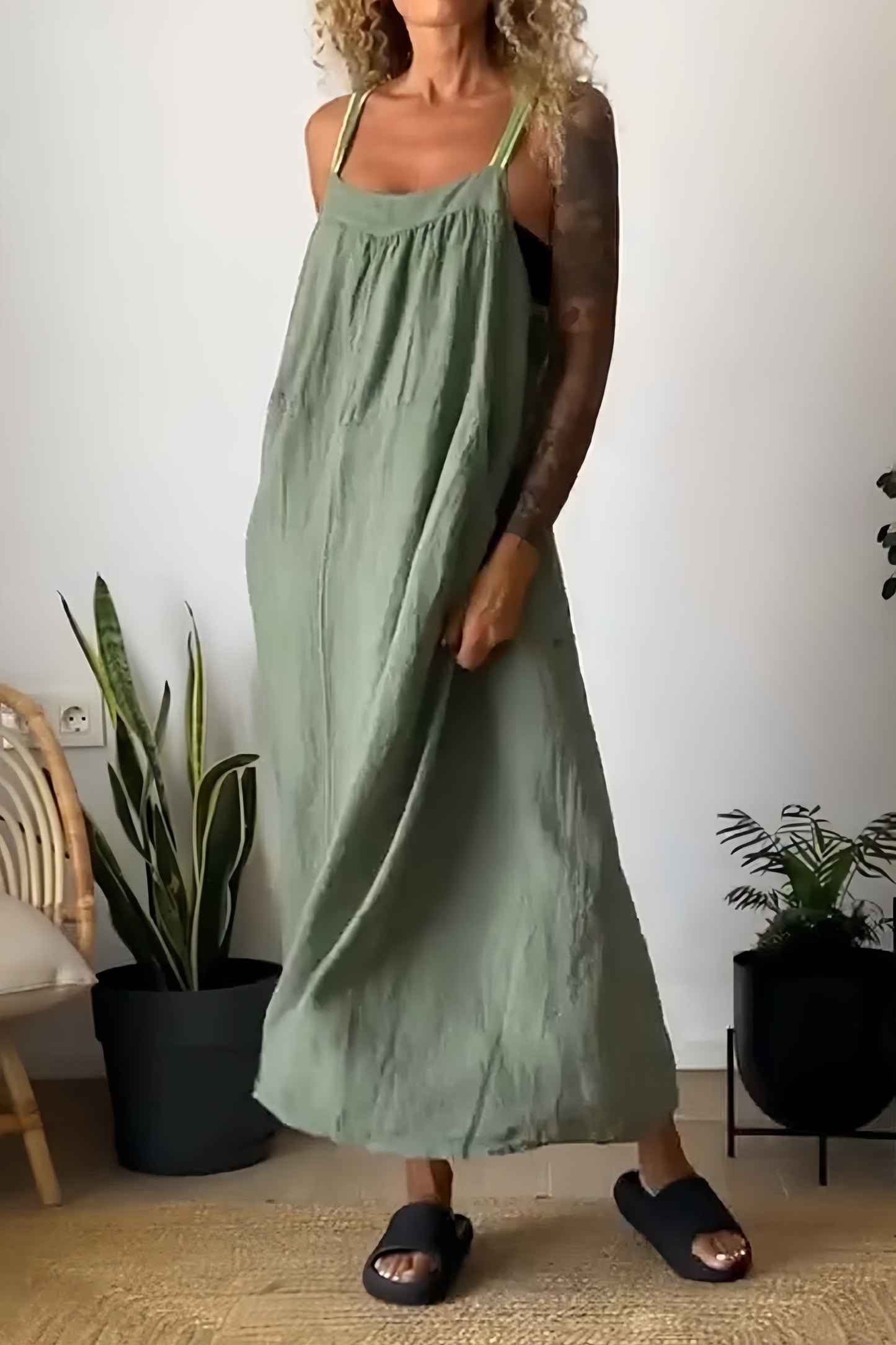Cotton Linen Pocketed Overall Dress