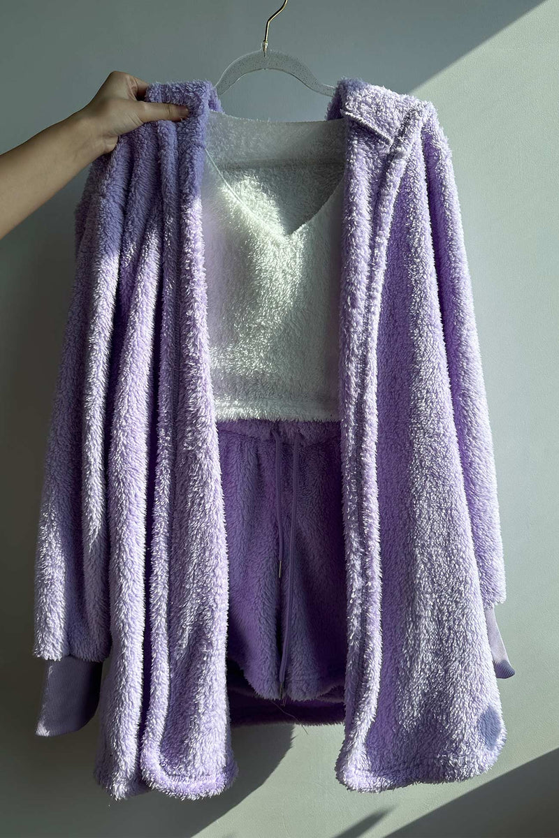 Plush Open-front Hoodie Vest Three Piece Shorts Set