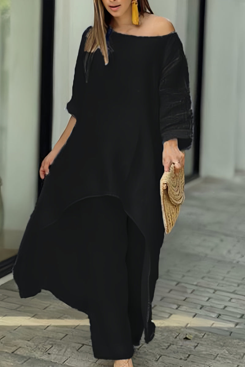 Cotton Drop Shoulder Irregular Tops Pants Set
