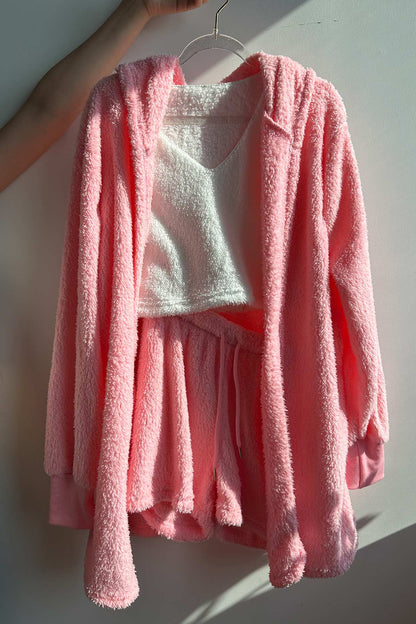 Plush Open-front Hoodie Vest Three Piece Shorts Set