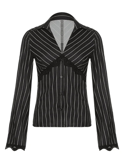 Long Sleeve Striped Blouse With V Neck and Lace Detail