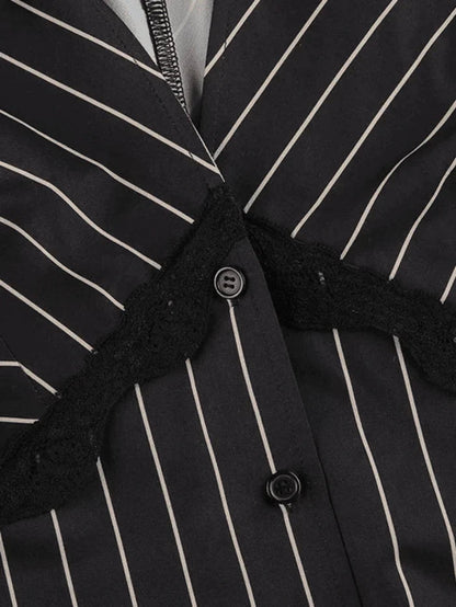 Long Sleeve Striped Blouse With V Neck and Lace Detail