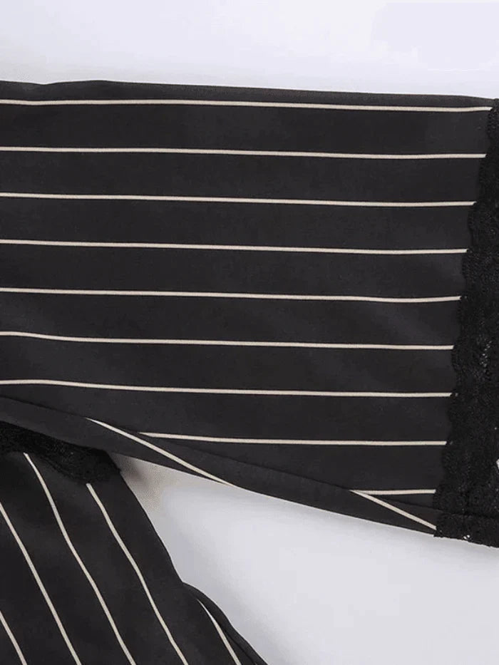 Long Sleeve Striped Blouse With V Neck and Lace Detail