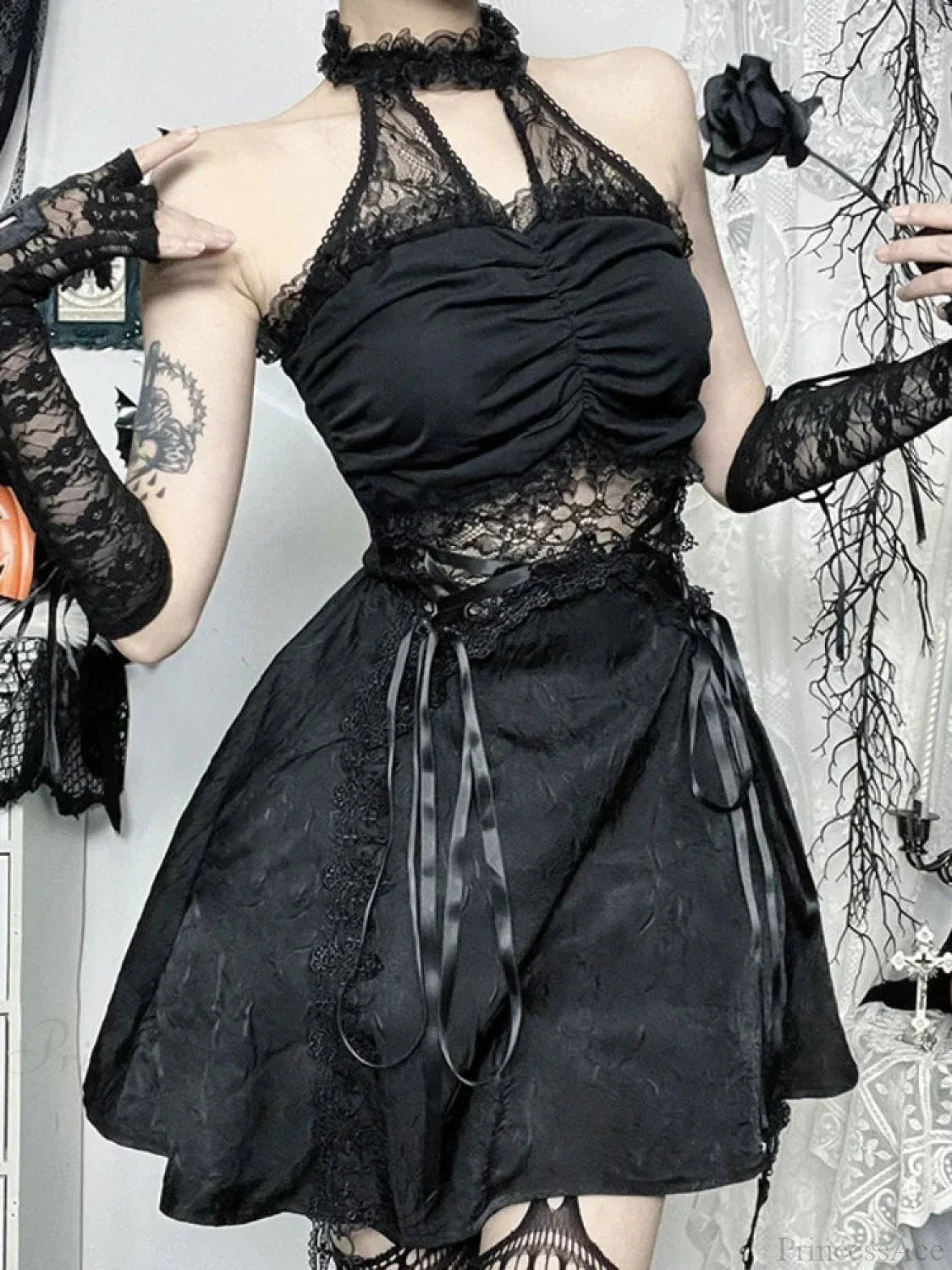 Lace Patchwork Halter Mini Dress