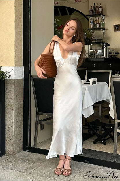 Lace Trim White Cami Maxi Dress