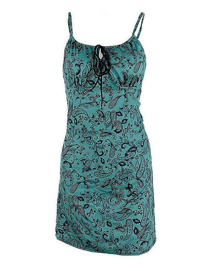 Green Lace Up Paisley Print Mini Dress