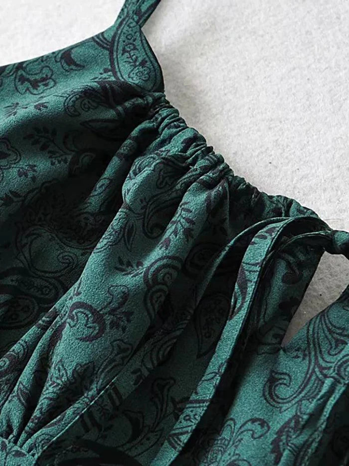 Green Lace Up Paisley Print Mini Dress