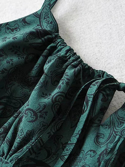 Green Lace Up Paisley Print Mini Dress