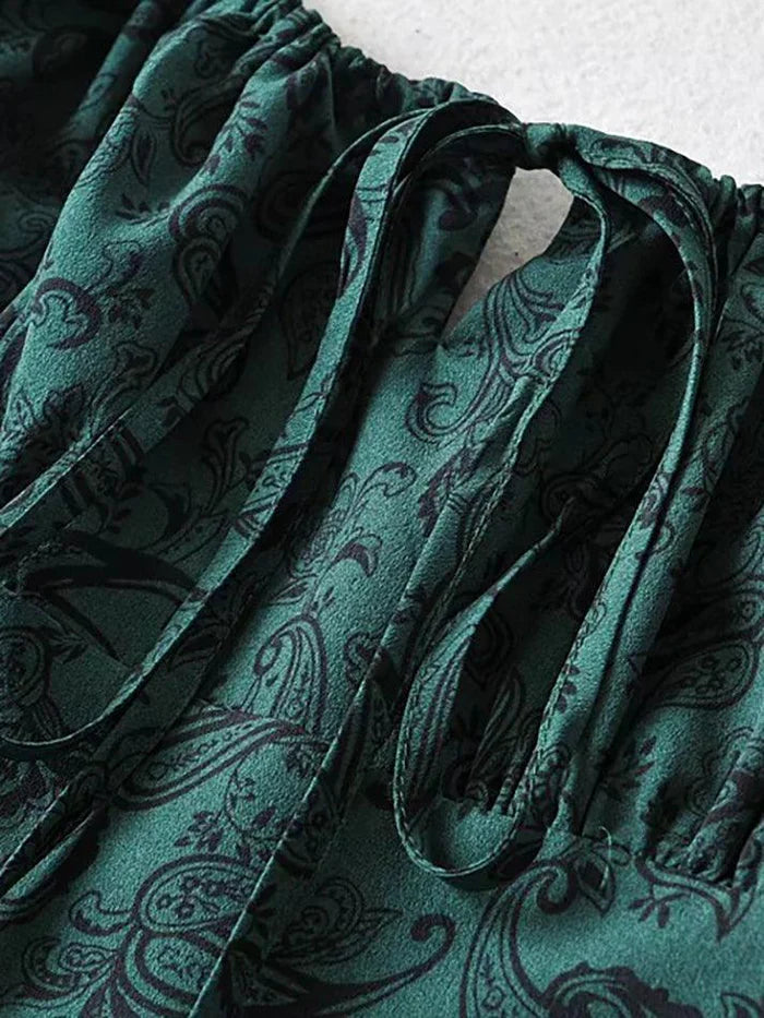 Green Lace Up Paisley Print Mini Dress