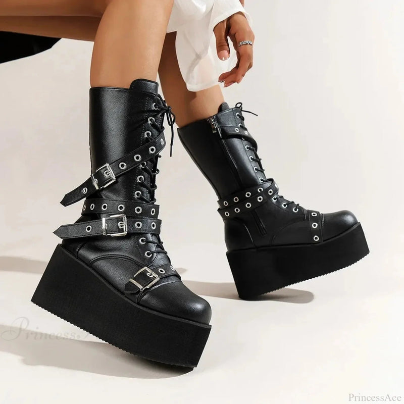 Large Size Tie Up Buckle Elevated Gothic Boot