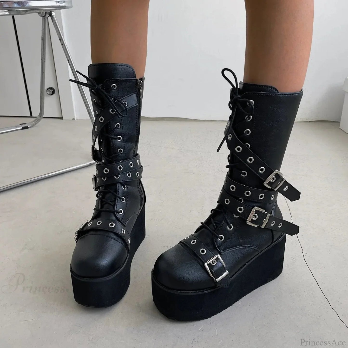 Large Size Tie Up Buckle Elevated Gothic Boot