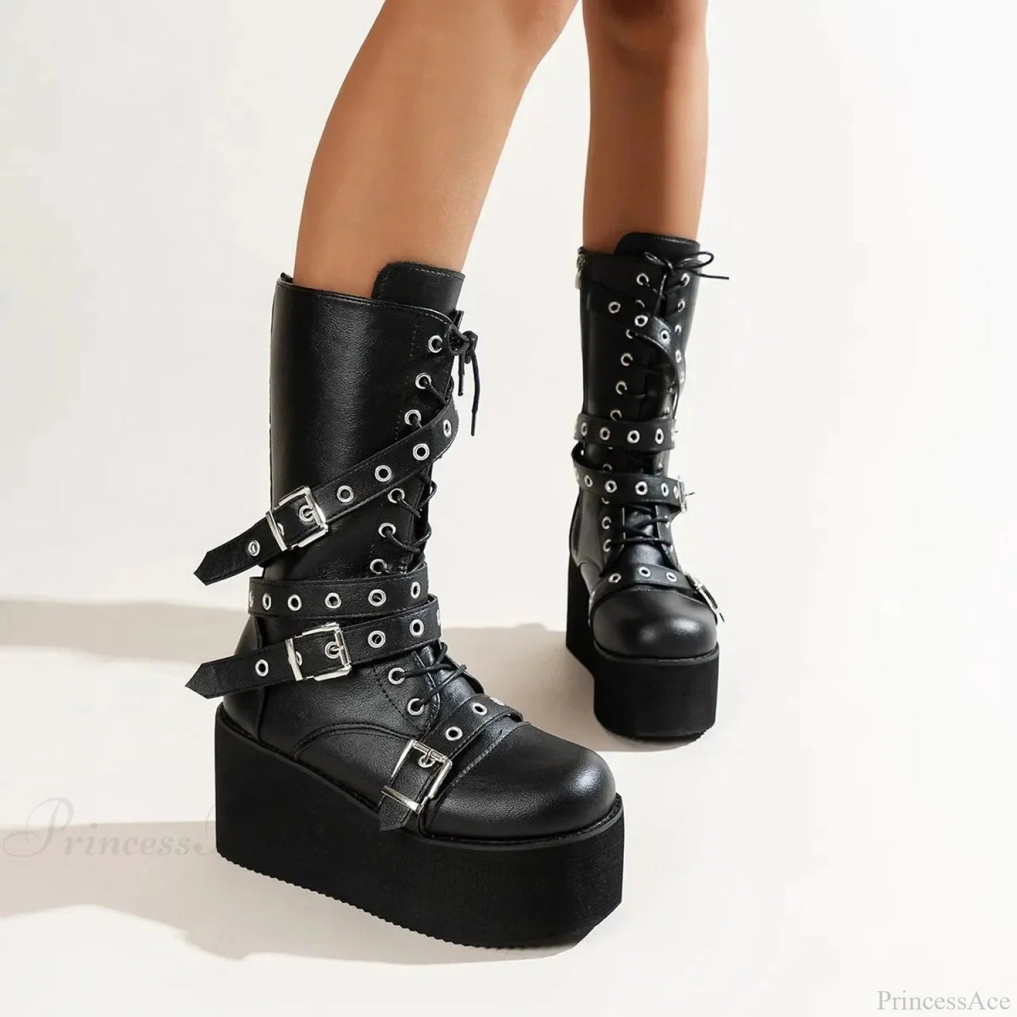 Large Size Tie Up Buckle Elevated Gothic Boot