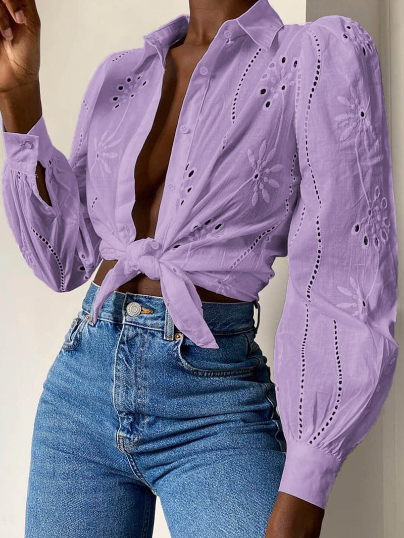 Miley Perforated Long Sleeve Blouse - Lavender