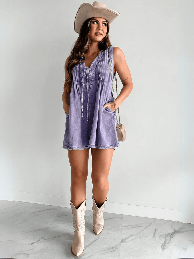 Abbey™ | Light Denim Romper With Tie Closure