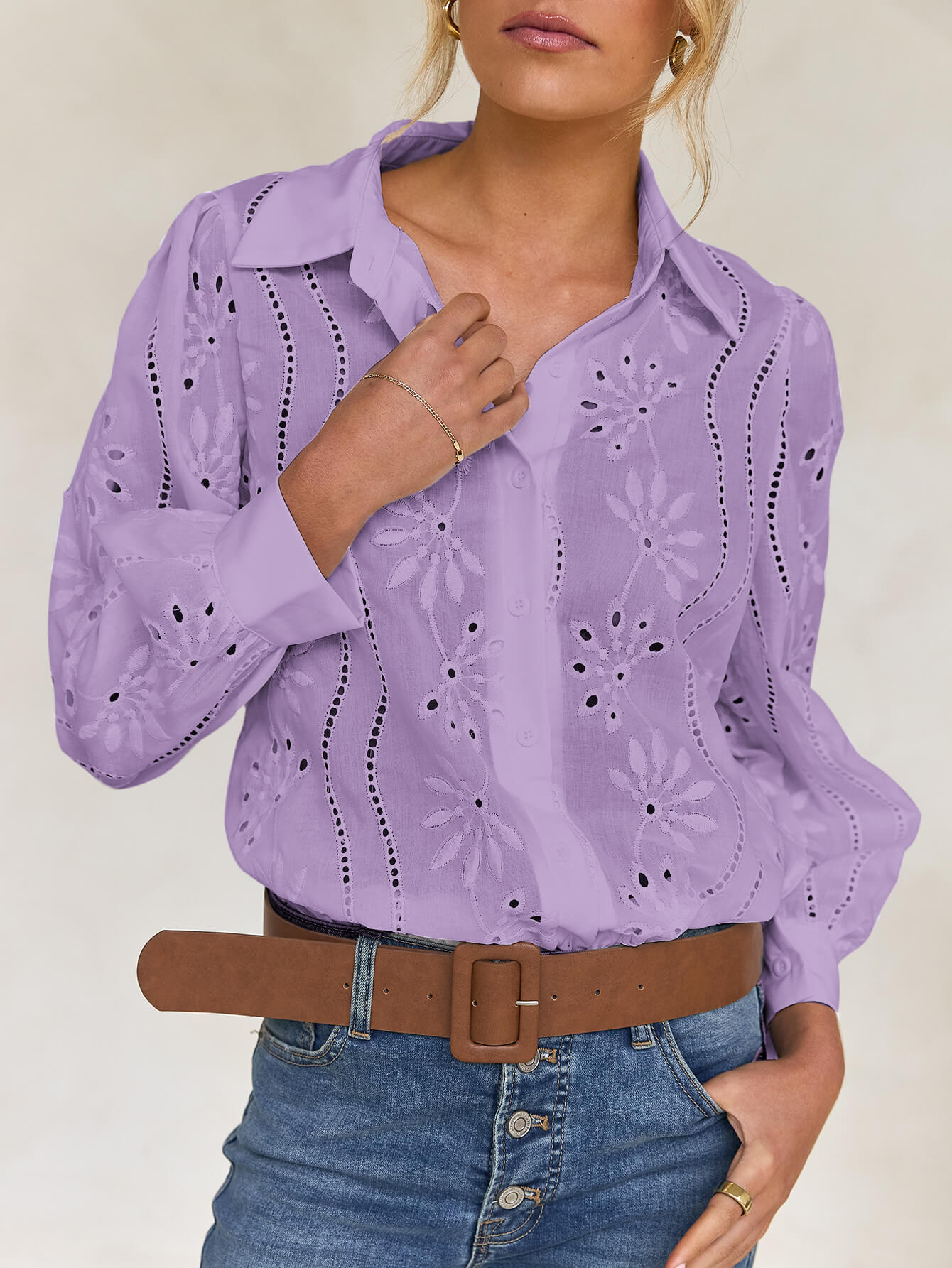 Miley Perforated Long Sleeve Blouse - Lavender