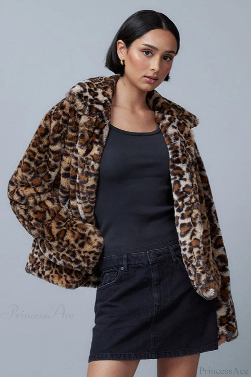 Leopard Print Faux Fur Collar Coat