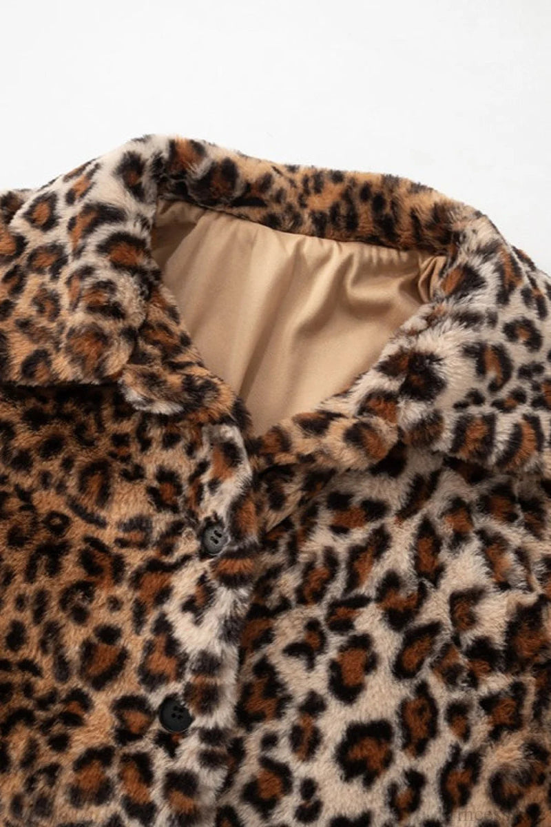 Leopard Print Faux Fur Collar Coat