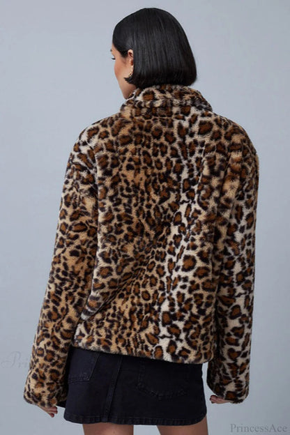 Leopard Print Faux Fur Collar Coat