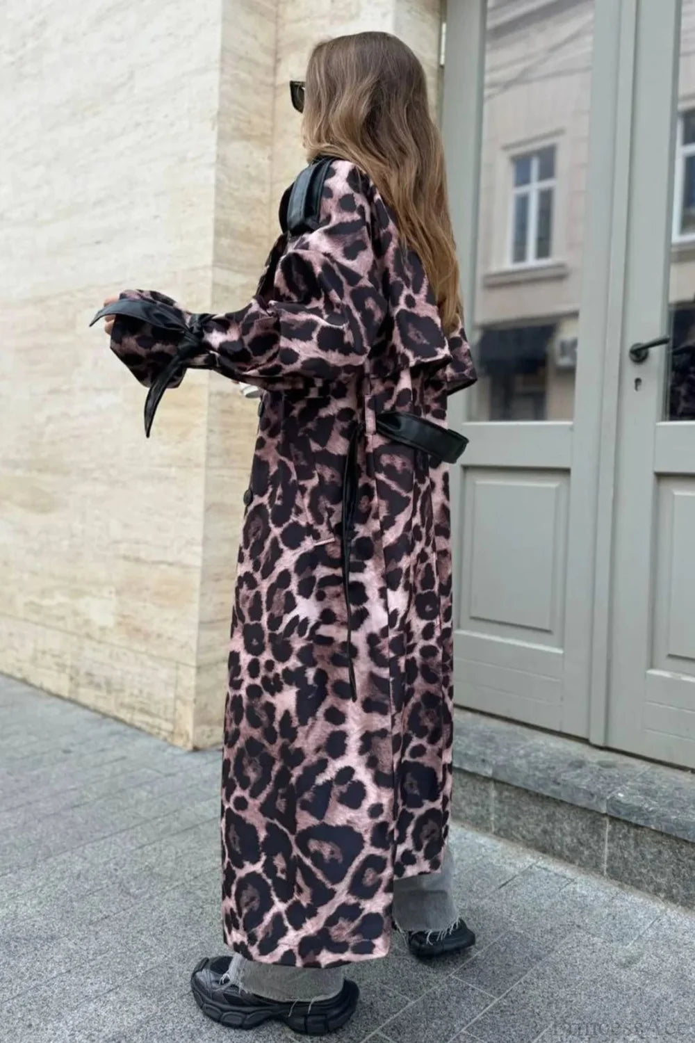 Leopard Print Faux Leather Oversized Longline Overcoat