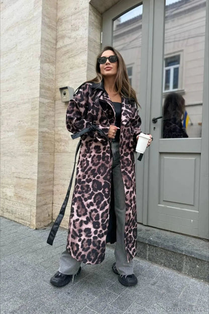 Leopard Print Faux Leather Oversized Longline Overcoat