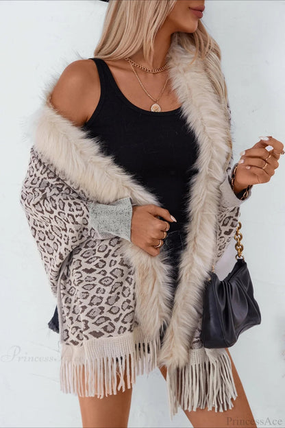 Leopard Print Fur Collar Shawl Batwing Knit Coat