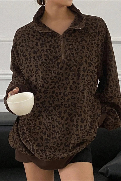 Leopard Print Half-zip V-neck Long Sleeve Sweatshirt