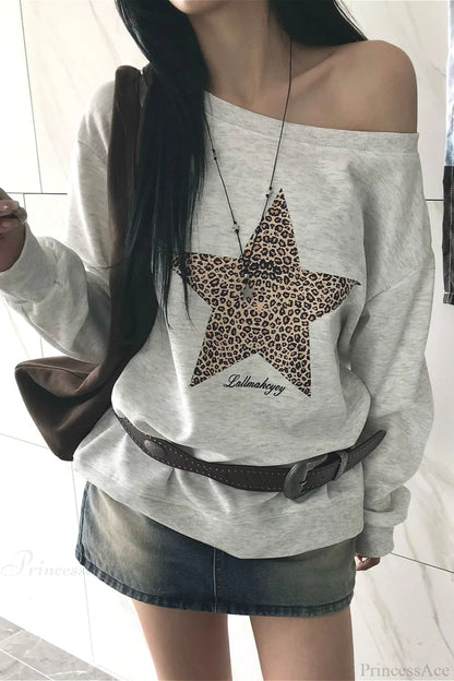 Leopard Print Star Slant Neck Off Shoulder Sweatshirt