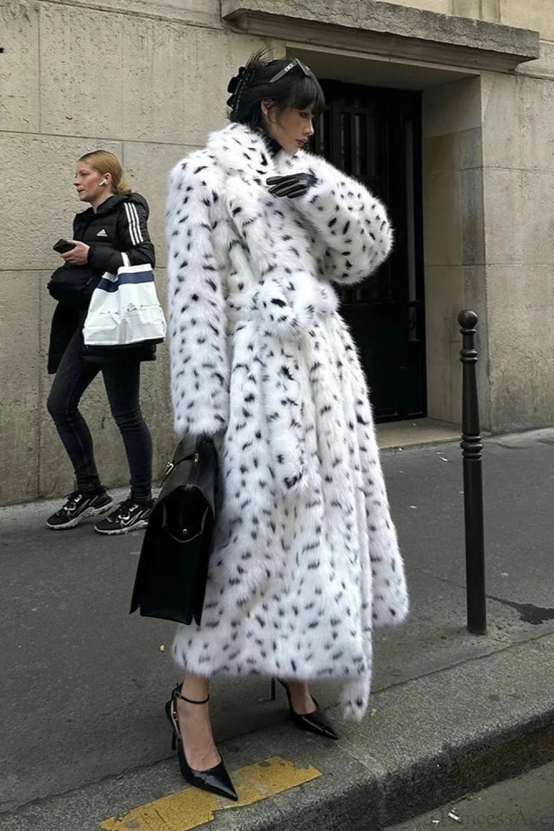 Leopard Print Warm Faux Fox Fur Notched Collar Loose Overcoat