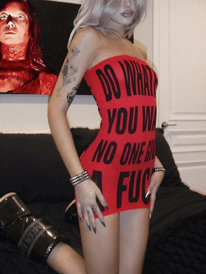 Red Y2k Bandeau Mini Dress With Letter Print