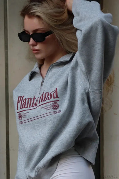 Letter Print Relaxed Convertible Collar Half-zip Sweatshirt