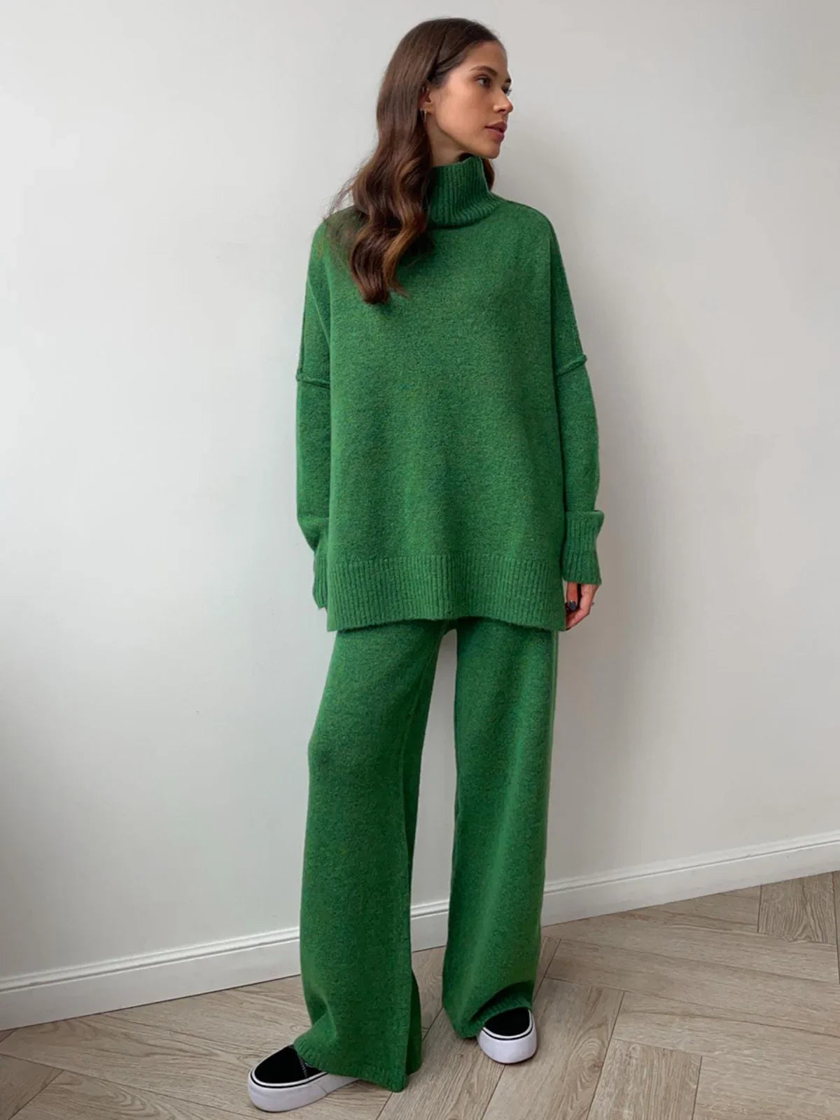 Cozy Knit Turtleneck Set With Wide-leg Pants