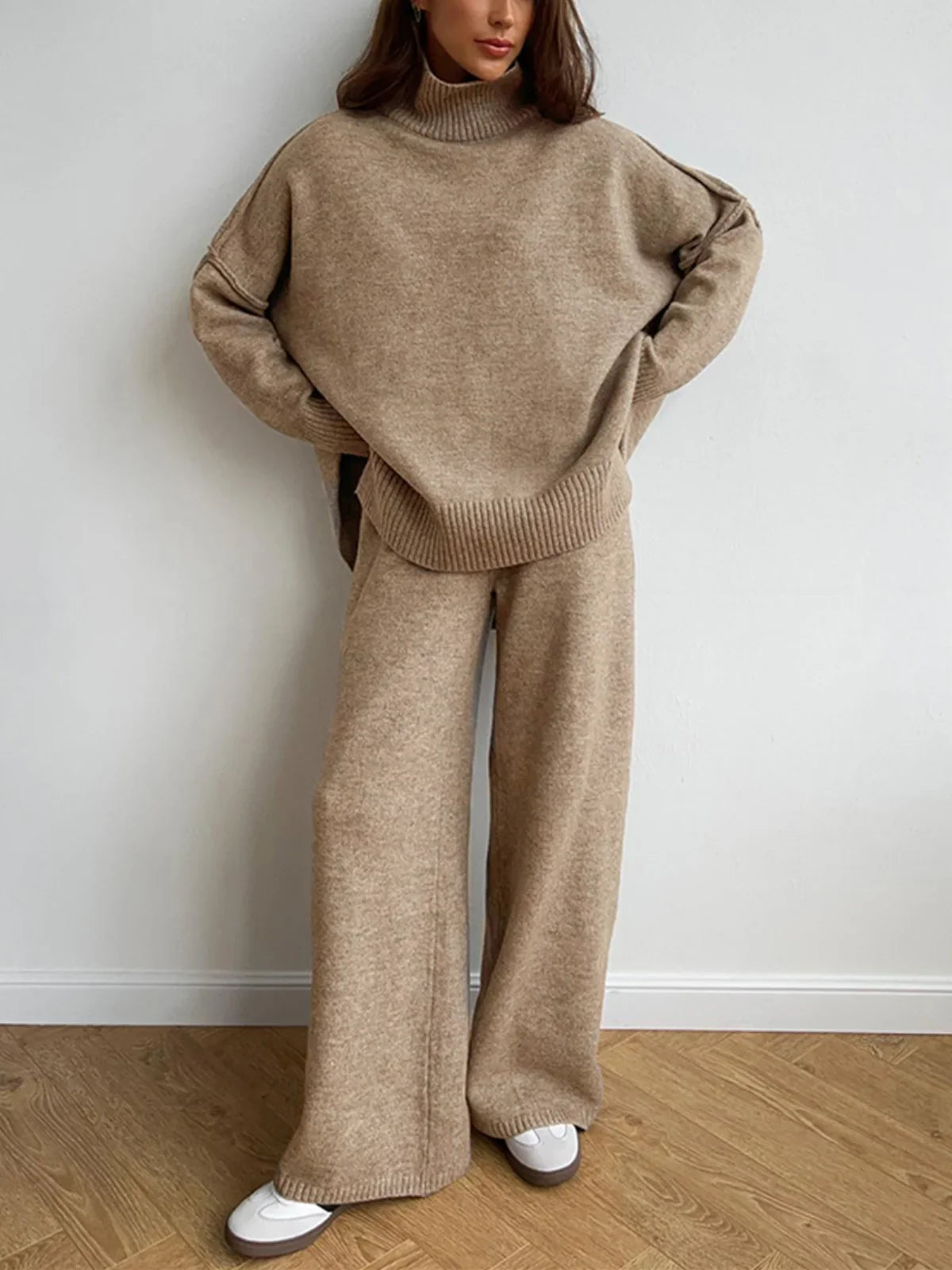 Cozy Knit Turtleneck Set With Wide-leg Pants