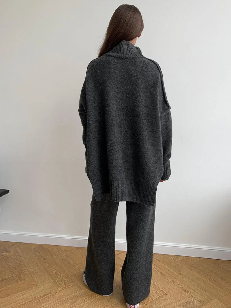 Cozy Knit Turtleneck Set With Wide-leg Pants