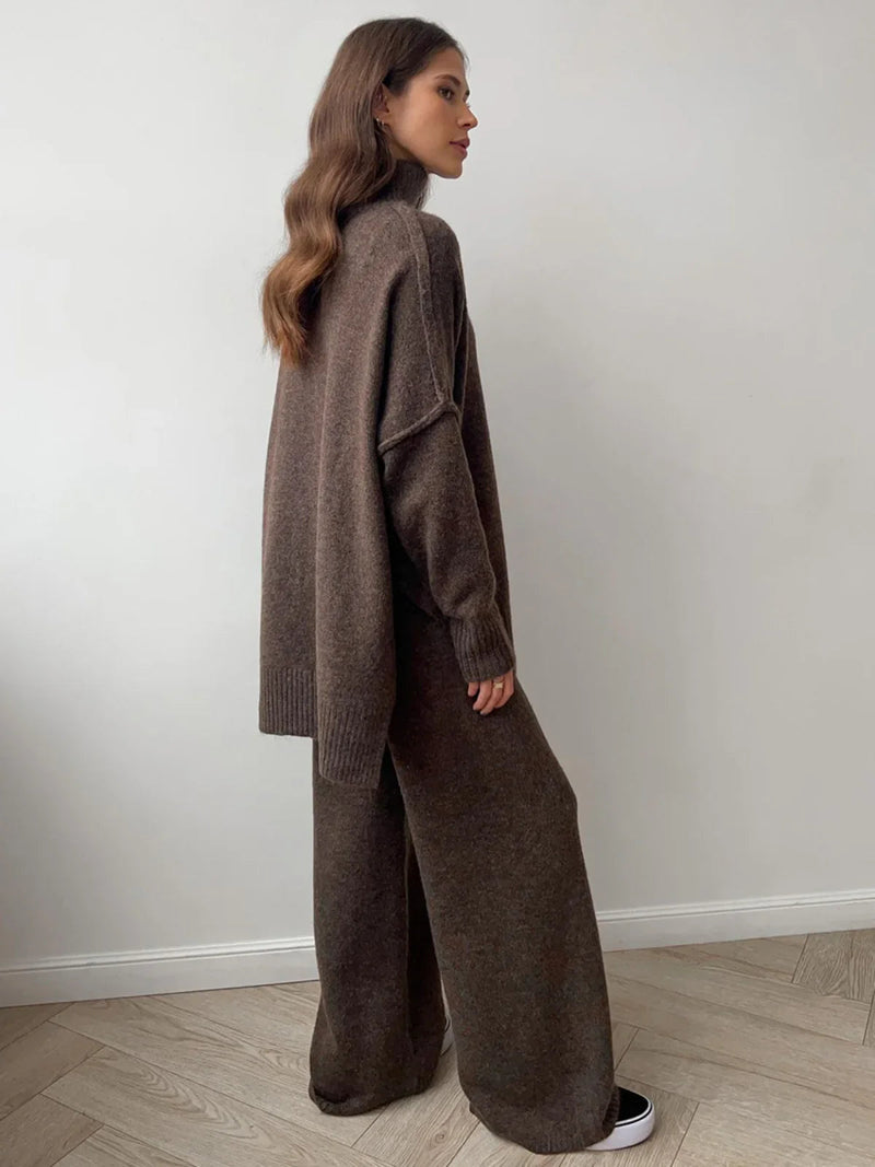 Cozy Knit Turtleneck Set With Wide-leg Pants