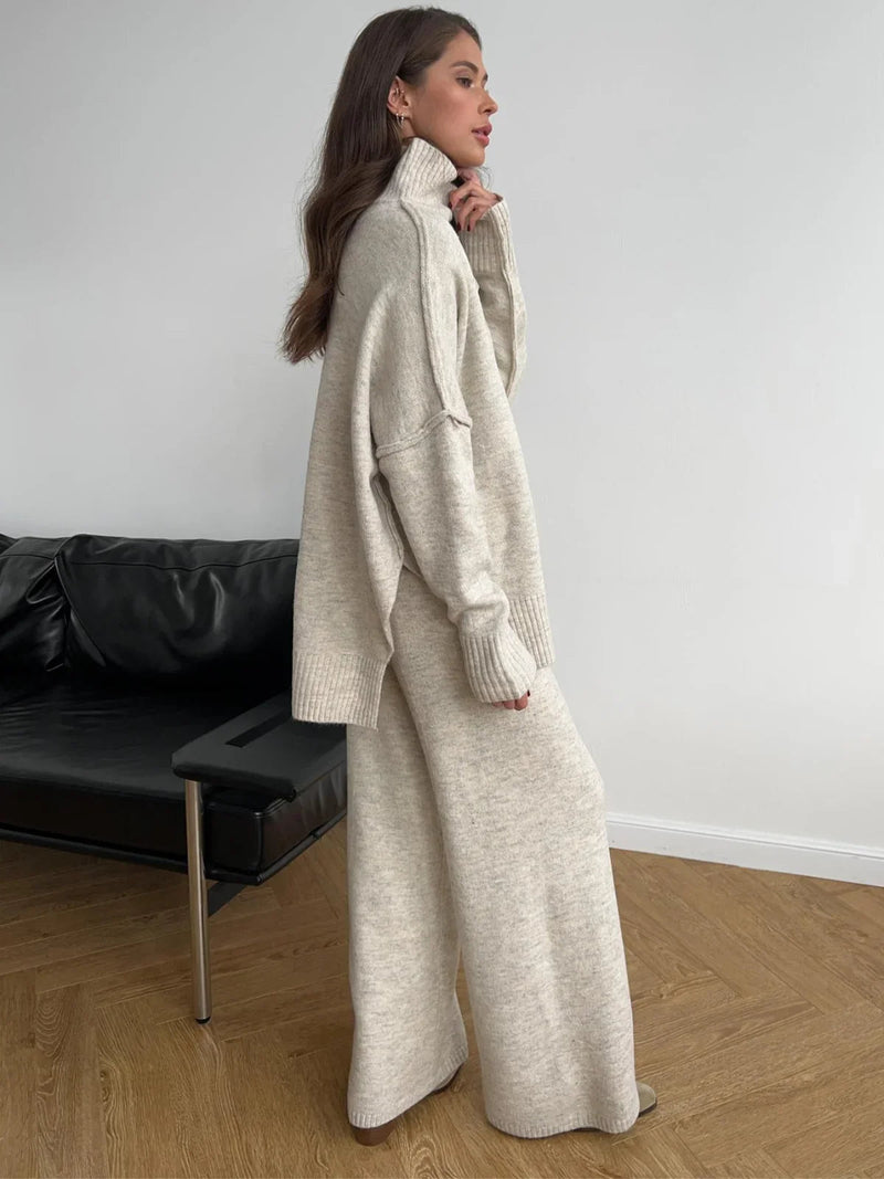 Cozy Knit Turtleneck Set With Wide-leg Pants