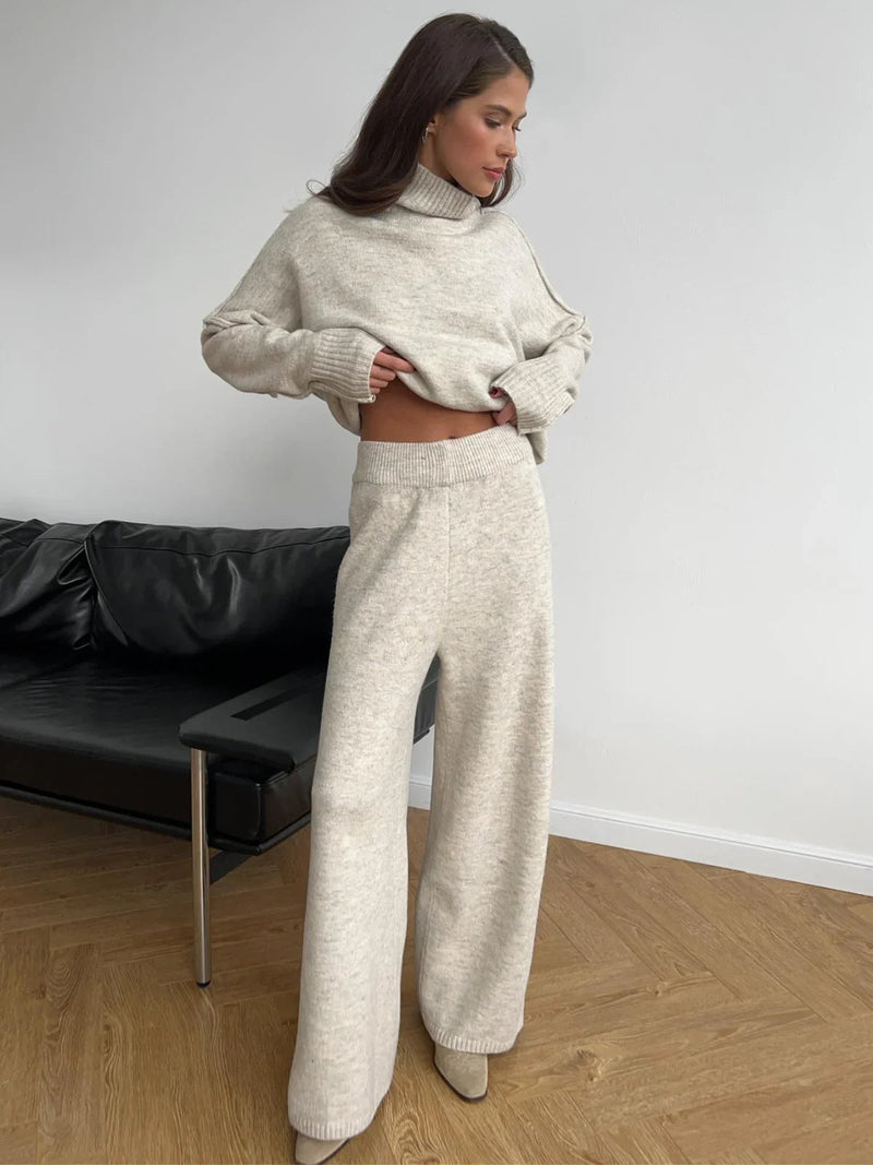Cozy Knit Turtleneck Set With Wide-leg Pants