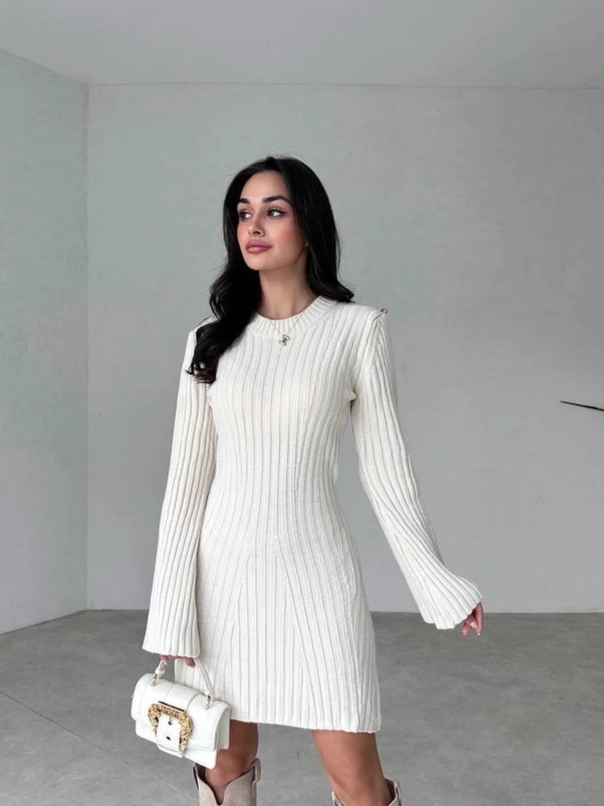 Ribbed Knit Bell-sleeve Mini Dress