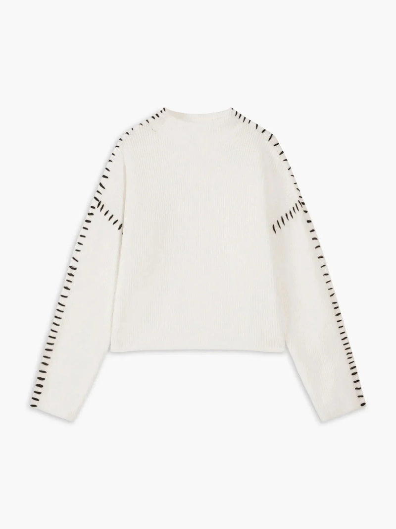 Ribbed Wool Mock Neck Whipstitch Sweater