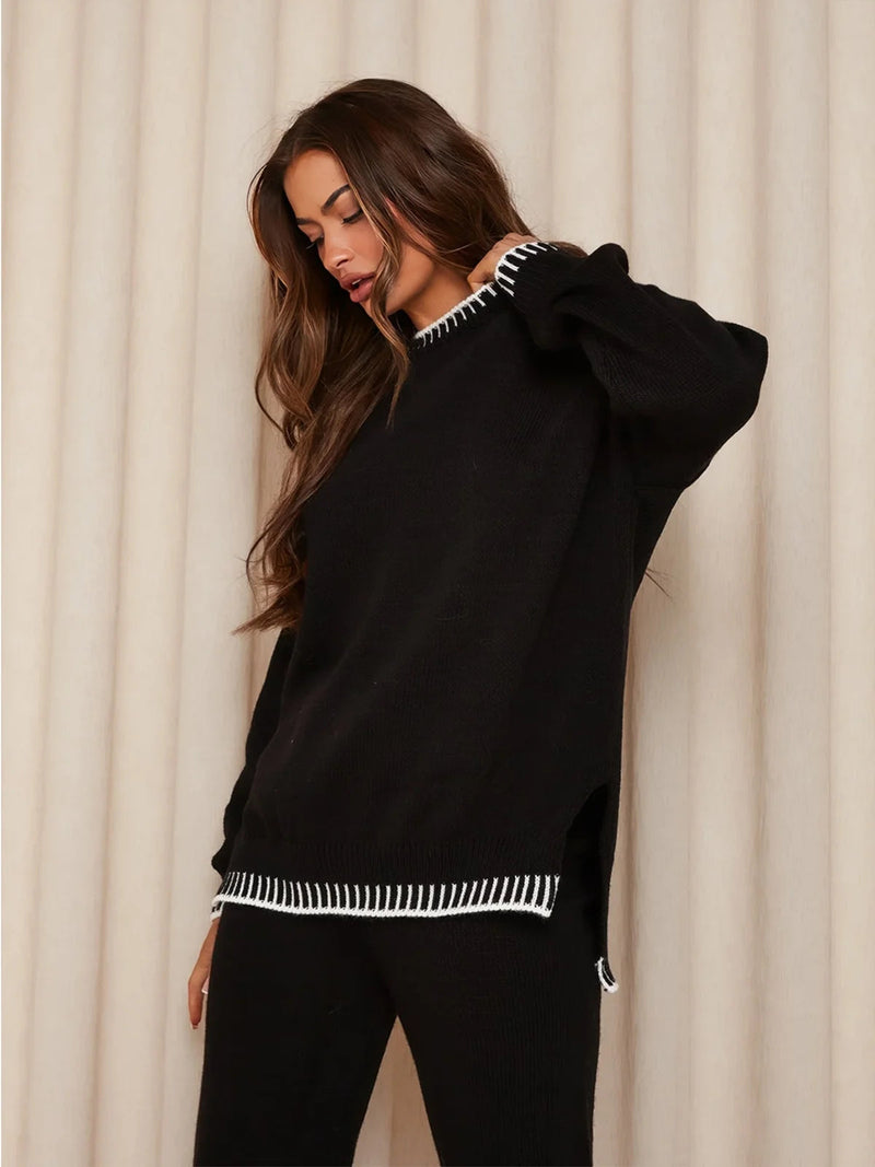 Two-tone Stitch Detail Sweater and Pant Set